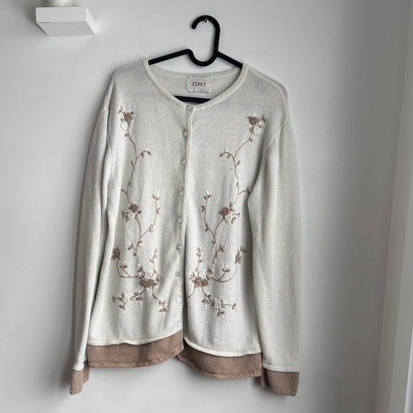 Jenny Sweaters - Elegant Floral Embroidered Cardigan - Cream and Brown
